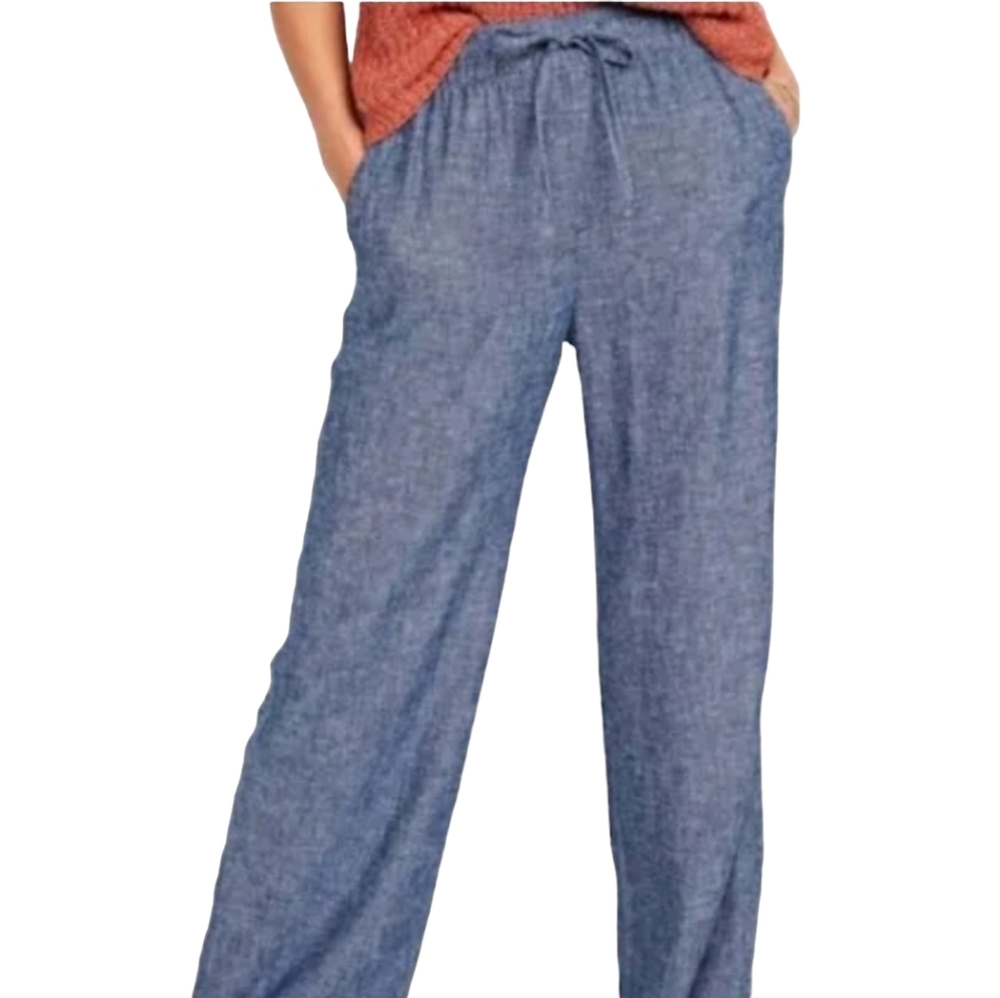 Old Navy Linen Blend Chambray Elastic Drawstring Waist Tapered leg Pants Sz XXL